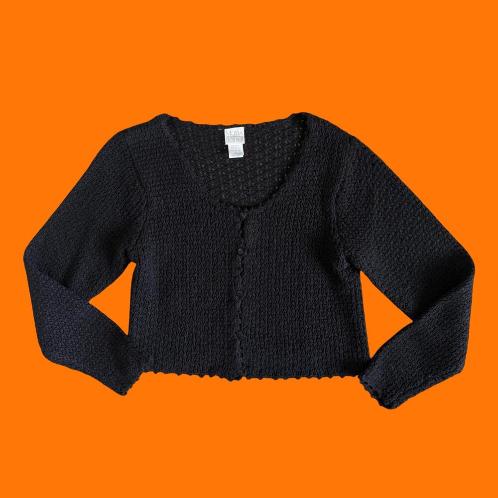 90's vintage black cropped chunky knit cardigan sweater MEDIUM moda int'l